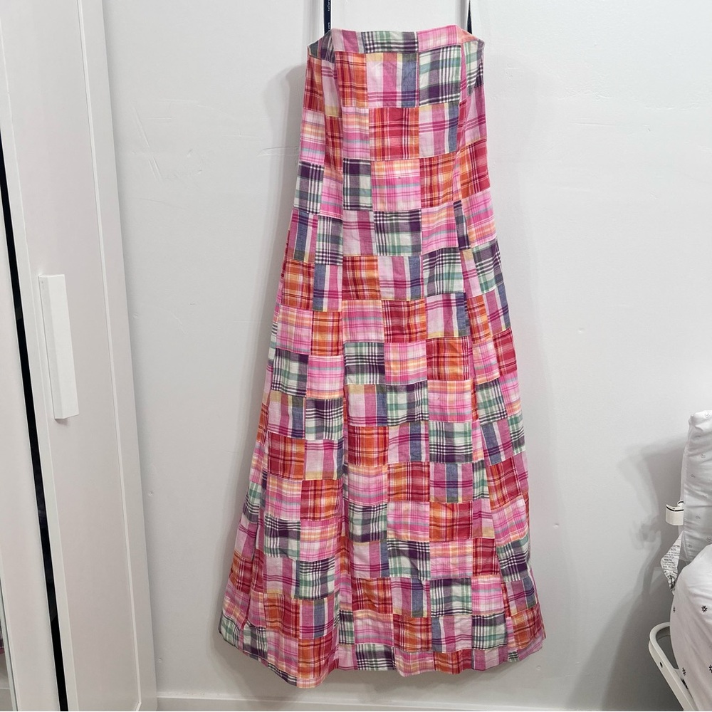 Vintage Tailor New York patchwork colorful strapless dress with boning. Size 4
